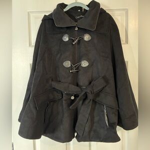 Calvin Klein Black Wool Toggle Cape Coat with Waist Tie